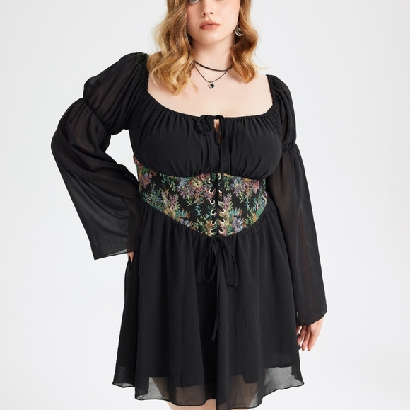 Cider Tops - Floral Embroidered Black Dress